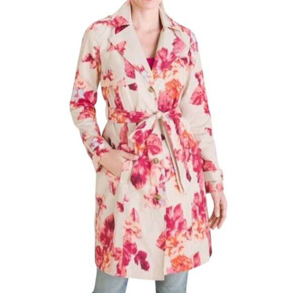 Chicos Jacket Women 2XL Pink Trench Raincoat Knee Length Tie Dye Neutral Artsy - Picture 1 of 15